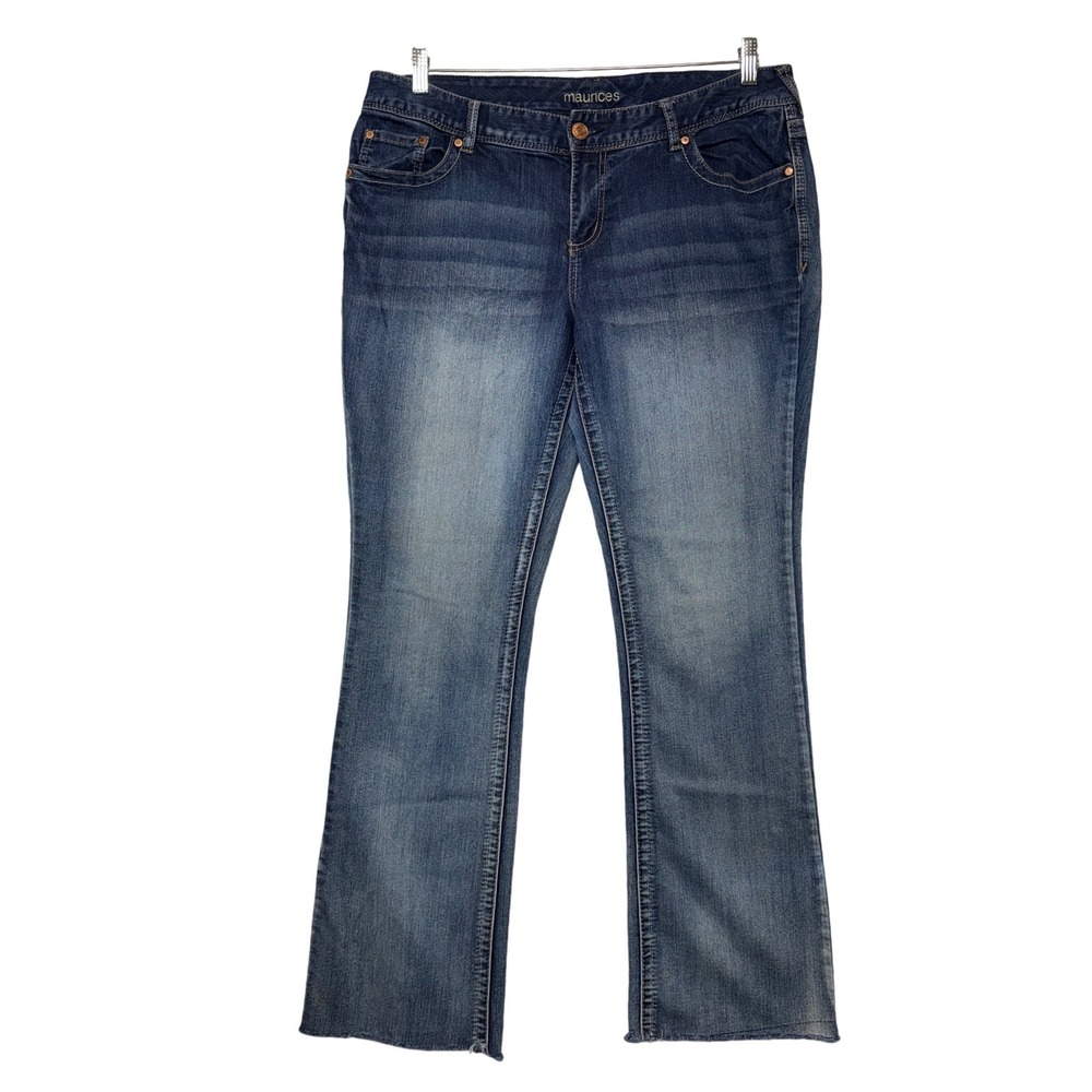 Maurices Womens Bootcut Jeans Blue Mid Rise Stretch Denim 16 Long Raw Hem